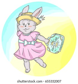 Illustration with cute little rabbit at the beach. Can be used for baby t-shirt print, fashion print design, kids wear, baby shower celebration greeting and invitation card.