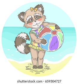Illustration with cute little raccoon at the beach. Can be used for baby t-shirt print, fashion print design, kids wear, baby shower celebration greeting and invitation card.