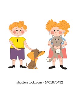 Illustration of cute little red head girl and boy with their cat and dog,  isolated on white background vector illustration. Best friends. Dog and cat lovers.
