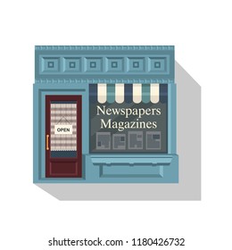 Illustration of cute little shop. Magazine and Newspaper Store. Book stall. Bookshop bookstore building facade. A row of books in the window. Vector illustration
