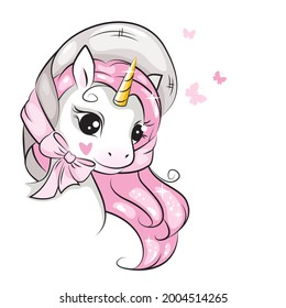 Illustration of cute little smiling unicorn in a beautiful hat  on his head .Hand drawn illustration for your design.