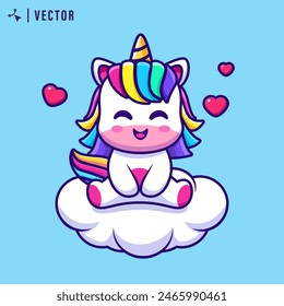 Ilustración de lindo pequeño unicornio sonriente con melena colores del arco iris se sienta en la nube. Ilustración vectorial