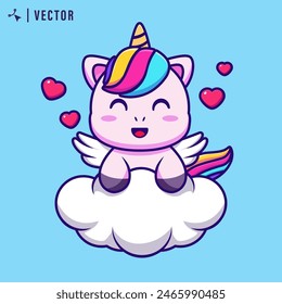 Ilustración de lindo pequeño unicornio sonriente con melena colores del arco iris se sienta en la nube. Ilustración vectorial