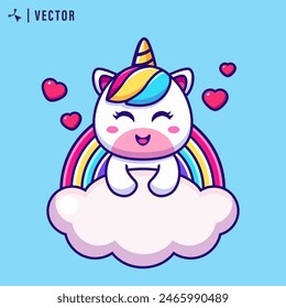 Ilustración de lindo pequeño unicornio sonriente con melena colores del arco iris se sienta en la nube. Ilustración vectorial