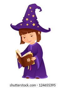 illustration of a cute little sorceress girl with magic book