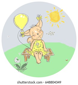 Illustration with cute little squirrel that sits on bench with balloon. Can be used for baby t-shirt print, fashion print design, kids wear, baby shower celebration greeting and invitation card.