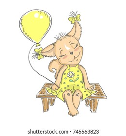 Illustration with cute little squirrel that sits on bench with pink balloon. Can be used for baby t-shirt print, fashion print design, kids wear, baby shower celebration greeting and invitation card.