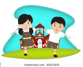 Illustration of cute little students playing outside of a school building.