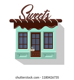 Illustration of cute little sweet shops. Illustration of cute miniature candy shop. Store front vector detailed flat design