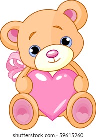 Illustration cute little Teddy bear holding  pink heart 