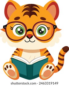 a illustration of a cute little tiger reading a book