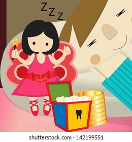Illustration of a cute little Tooth Fairy flying with Tooth