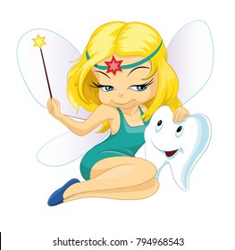 Illustration of a cute little Tooth Fairy sitting, blond hair girl vector character with magic wand