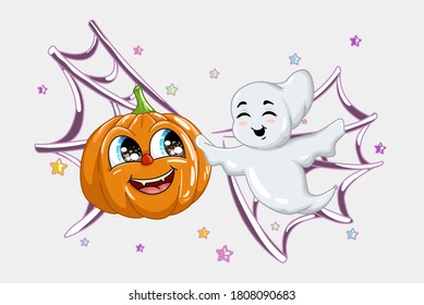 A illustration of cute little white ghost having fun with cute halloween pumpkin with a spider web background