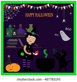 Illustration with cute little witch and black cat