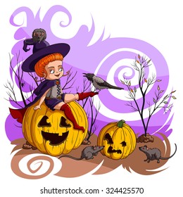 Illustration - cute little witch and her friends.