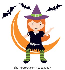 An illustration of cute little witch sitting on moon