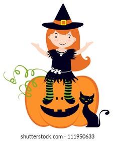 An illustration of cute little witch sitting on pumpkin