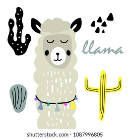 
Illustration with a cute llama and abstract cactus. Vector seamless illustration.