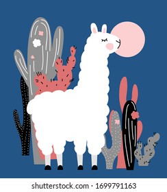 Illustration of the cute llama and cactuses