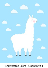 Illustration of the cute llama on the clouds background