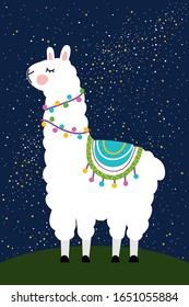 Illustration of the cute llama on the night sky background