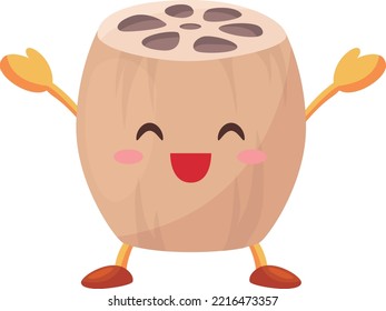 Illustration of a cute lotus root character who is happy to raise both hands