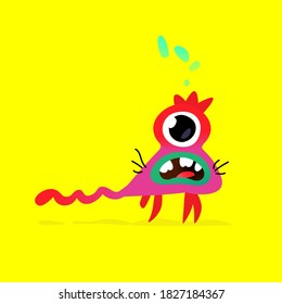 Illustration of a cute, lovely big-eyed monster character. Vector. Mascot for the company. Character is isolated on a yellow background. Children's cartoon image, drawing of a monster.