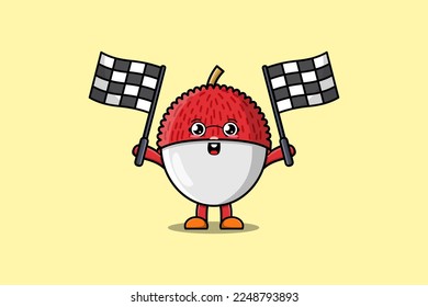 Illustration of cute Lychee cartoon character holding crossed checkered race flag