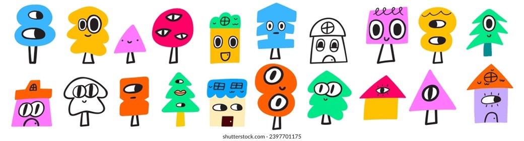 Illustration of cute magic trees and fantastic little houses. Hand drawn vector illustrations on white background. 