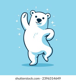 An illustration of a cute majestic happy White Polar Bear Standing Tall on its legs, dancing with his arm up, cartoon mascot, logo vector design.