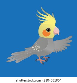 An illustration of a cute male cockatiel, His crest is up and he looks friendly at you. His left wing is up as if he is showing you something. The background is blue.