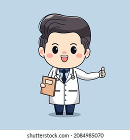 Illustration of cute male doctor holding book and thumb up. kawaii vector cartoon character design