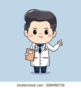 Illustration of cute male doctor holding book and pointing finger. kawaii vector cartoon character design