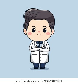 Illustration of cute male doctor with stethoscope kawaii vector cartoon character design