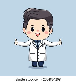 Illustration of cute male doctor with stethoscope and thumbs up. kawaii vector cartoon character design