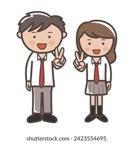 Ilustración de una linda pareja de estudiantes de secundaria con uniformes que sonríen y hacen la paz