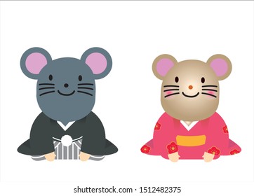 Illustration of cute male and female mice wearing kimono, material for New Year's cards.