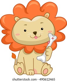 Illustration of a Cute Male Lion with a Thick Mane Happily Holding a Piece of Bone