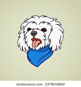 illustration of a cute Maltese dog, wearing a blue bandana.