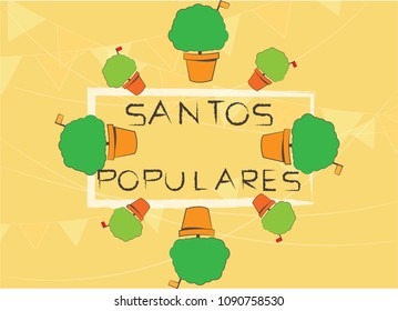 Illustration of cute manjerico plant with flag and Santos Populares letter. Vector and icon festival of Portugal. 