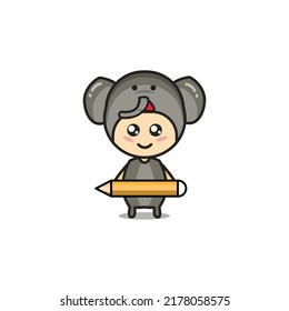 illustration of cute mascot elephant character who is smiling holding a pencil.