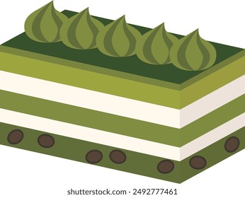 Illustration of a cute matcha rectangular cut cake