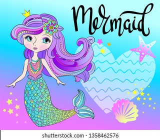 Illustration with cute mermaid. Beautiful cartoon princess girl and lettering. Character design.