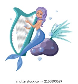 illustration of cute mermaid playing a harp.