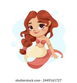 An illustration of a cute mermaid with red hair, cartoon style, on a light blue background, concept of fantasy creatures. Vector illustration