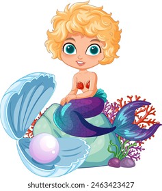 Illustration of a cute mermaid sitting on a clam