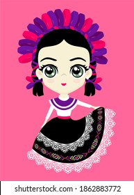 illustration of cute mexican doll in traditional otomi dress from Queretaro, Mexico. Isolated on pink background