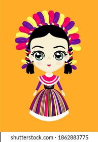 illustration of cute mexican doll in traditional otomi dress from Queretaro, Mexico. Isolated on orange background