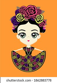 illustration of cute mexican doll in traditional national dress from Chiapas, Mexico. Isolated on orange background